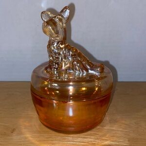 Jeanette Carnival Glass Scottie Dog Marigold Iridescent Vintage Trinket Box Lid